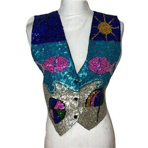 Serious Fun Sequin Vest Womens Size Small S Vintage Cotton Back Tie Front Snaps